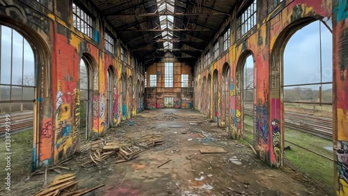 Graffiti-Covered Abandoned Railway Building