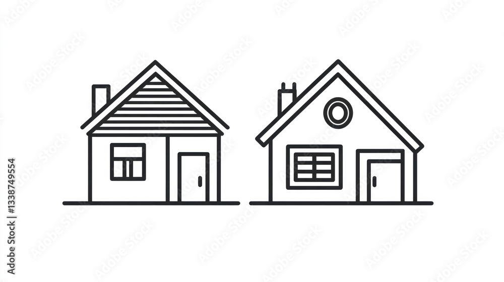 Two simple house line drawings, different styles, for design, illustration, or architecture Two simple house line drawings, different styles, for design, illustration, or architecture