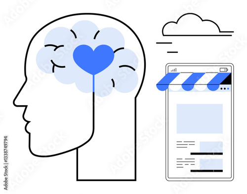 Human head with brain cloud and heart symbol next to web storefront interface. Ideal for mental health, online shopping, digital communication, user experience, social connection, innovative