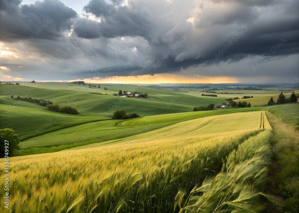 Obraz premium Farm fields under dramatic clouds