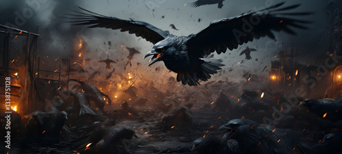 epic crow battle in dark, ai generative photo
