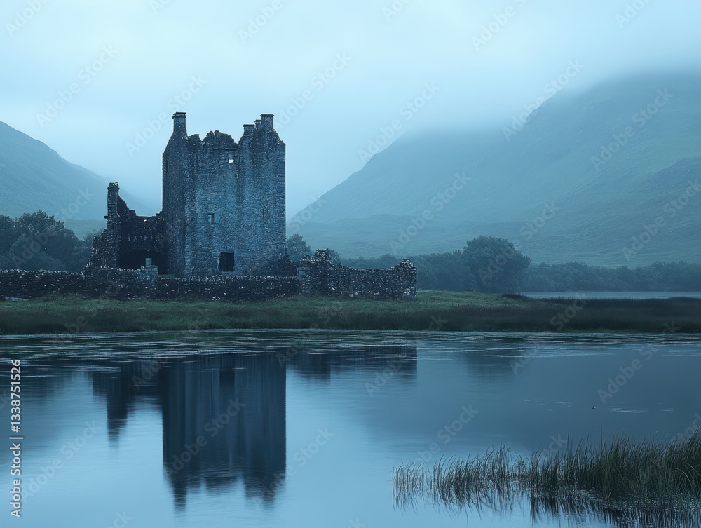 Moody Reflection of Kilchurn Castle Ruins on Loch Awe in Scotland amidst Misty Mountains and Serene Waters Moody Reflection of Kilchurn Castle Ruins on Loch Awe in Scotland amidst Misty Mountains and Serene Waters