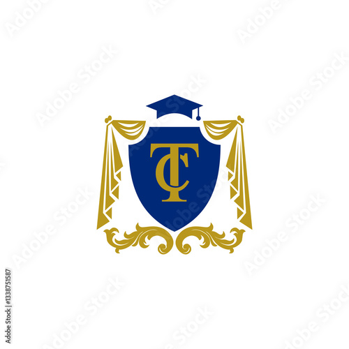 Blue and Gold Crest Logo with Graduation Cap