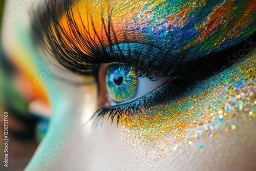 Captivating close up of a female eye adorned with vibrant colorful glitter and dramatic lashes creating a mesmerizing beauty look