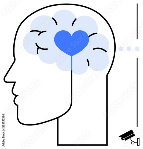 Outline of head with brain, heart inside depicts emotional intelligence. Mortarboard and key near support knowledge. Ideal for education, psychology, empathy, personal growth, decision-making