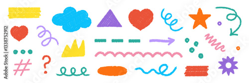 A crayon or pastel style, the vector set of colorful hand-drawn doodles with geometric shapes, squiggles, stars, hearts, arrows, and abstract elements creates a playful and naive look.