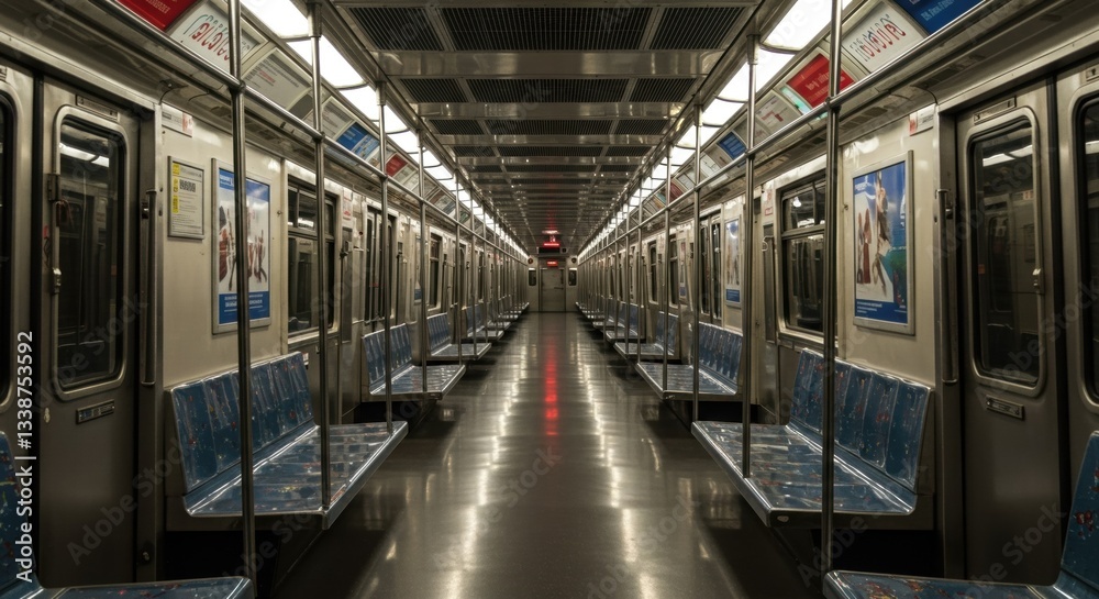 Naklejka premium Empty subway train interior showcasing modern underground transit system, perfect for urban exploration enthusiasts.