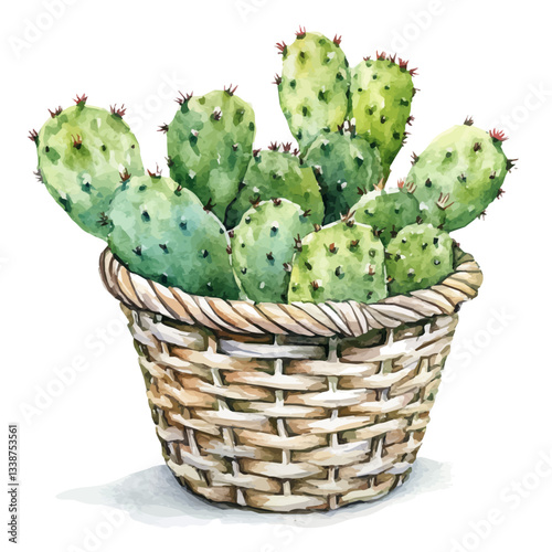 A watercolor vector painting of a prickly pear basket, isolated on a white background.

