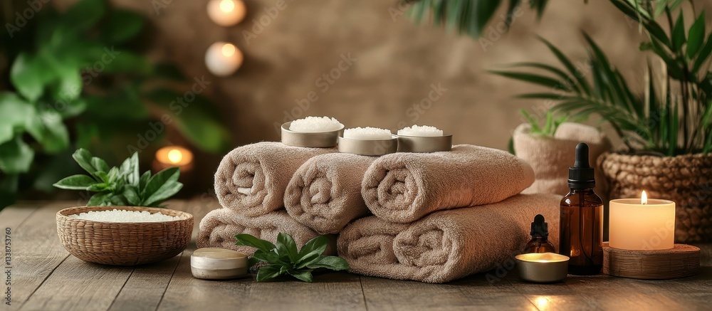 Luxurious Spa Setting with Rolled Towels, Candles, and Natural Oils for a Relaxing and Rejuvenating Experience Luxurious Spa Setting with Rolled Towels, Candles, and Natural Oils for a Relaxing and Rejuvenating Experience