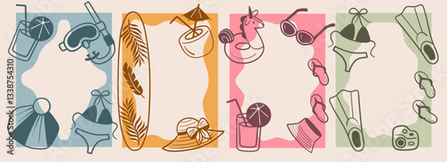 Hand-drawn doodle postcard set of beach vacation items in frames, including surfboard, bikini, sunglasses, and snorkel gear, perfect for summer decor, travel designs, and tropical themes
