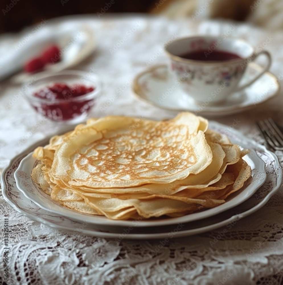 A stack of thin, Russian blini (crepes) arranged on an elegant porcelain plate,on table covered,a delicate lace tablecloth.a small glass bowl filled,rich raspberry jam,glass bowl filled golden honey. A stack of thin, Russian blini (crepes) arranged on an elegant porcelain plate,on table covered,a delicate lace tablecloth.a small glass bowl filled,rich raspberry jam,glass bowl filled golden honey.