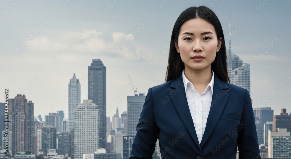 Professional Asian Businesswoman in Front of City Skyline, Confident Business Executive Portrait. Professional Asian Businesswoman in Front of City Skyline, Confident Business Executive Portrait.