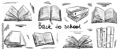 Stacks of books, reading process, opened books with pages. Go back to school, library atmosphere in brush stroke texture. Hand drawn vector sketch illustration in vintage charcoal ink style.