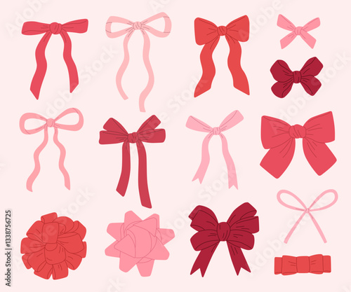 Bows set. Vector illustrations of birthday or st. Valentine's gifts pink and red ribbon decoration, hair accessories. Hand-drawn different silk tied bows collection. Design elements for greeting card