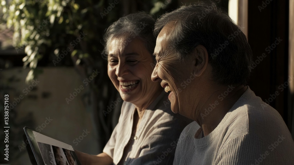 Joyful elderly couple sharing memories while looking at a tablet in a cozy setting, celebrating love and togetherness in a serene atmosphere Joyful elderly couple sharing memories while looking at a tablet in a cozy setting, celebrating love and togetherness in a serene atmosphere