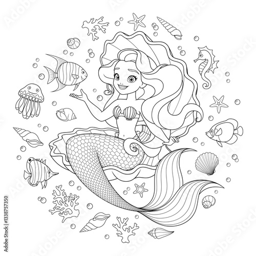 Beautiful mermaid in a seashell surrounded with fishes, corals and shells. Vector coloring page.
