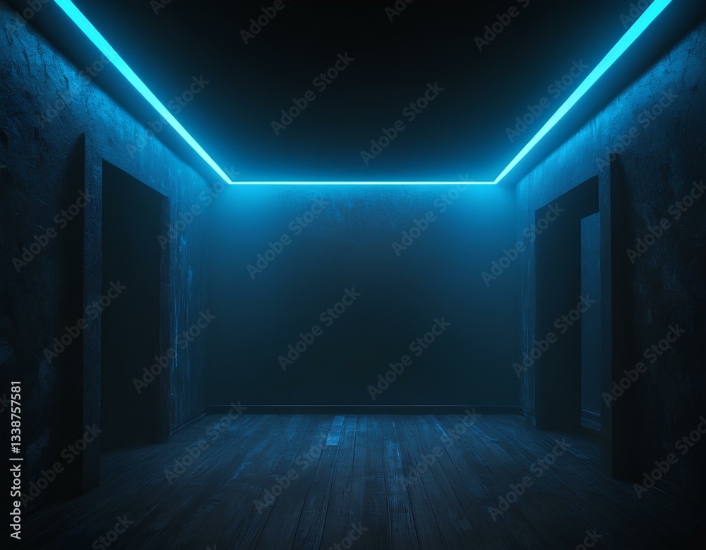 Dark Room with Blue Neon Lines on the Ceiling and Wooden Floor Dark Room with Blue Neon Lines on the Ceiling and Wooden Floor