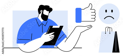 Man holding clipboard assessing reactions represented by thumbs up, sad face, and shopping bag. Ideal for customer service, retail evaluation, user experience, consumer research, feedback survey