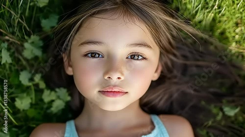 Wallpaper Mural Young girl with long hair lying on green grass, serene expression, soft sunlight illuminating her face Torontodigital.ca