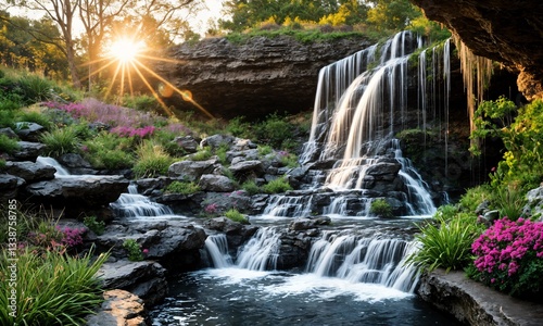 Exquisite spring morning with a waterfall flowing through a lush green valley – Stunning sunrise over a peaceful nature retreat