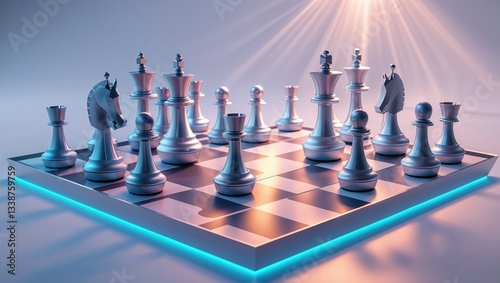 A minimalist 3D illustration features a chessboard with silver and light blue chess pieces arranged strategically. The scene evokes teamwork, strategy, and collaboration in a sleek, modern style