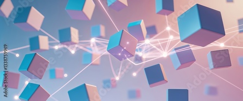 Floating cubes in a minimalist arrangement reflect the essence of teamwork and collaboration. The interconnected shapes symbolize ideas coming together in a vibrant, modern space