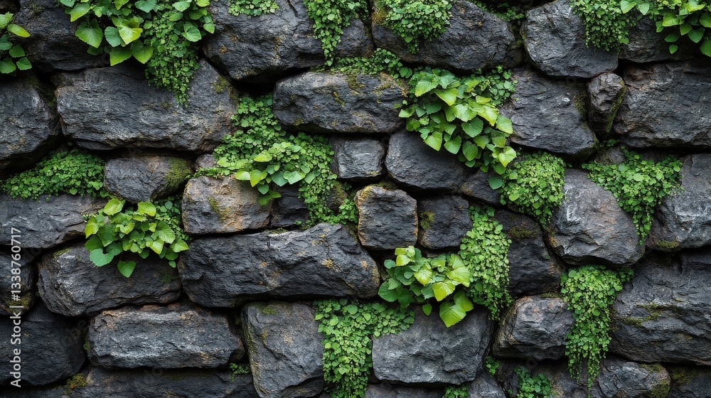 Rustic Stone Wall Covered With Green Plants Under Bright Daylight Rustic Stone Wall Covered With Green Plants Under Bright Daylight
