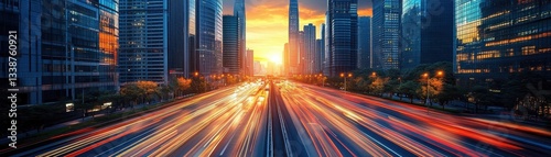 Stunning Urban Sunset with Blurred Traffic Lights in a Modern Cityscape Capturing the Vibrant Energy and Dynamic Motion of City Life