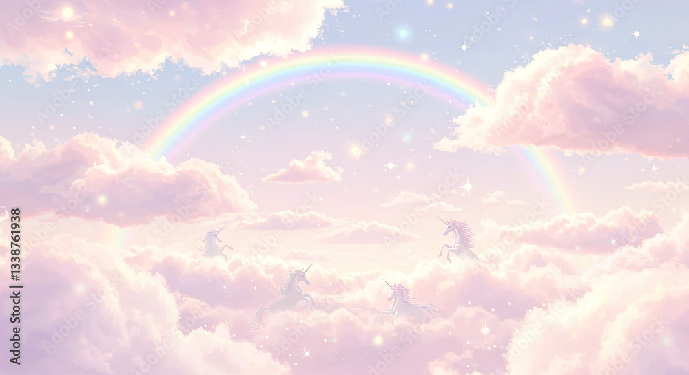 Dreamy Pastel Fantasy Landscape with Unicorns and Rainbow Dreamy Pastel Fantasy Landscape with Unicorns and Rainbow
