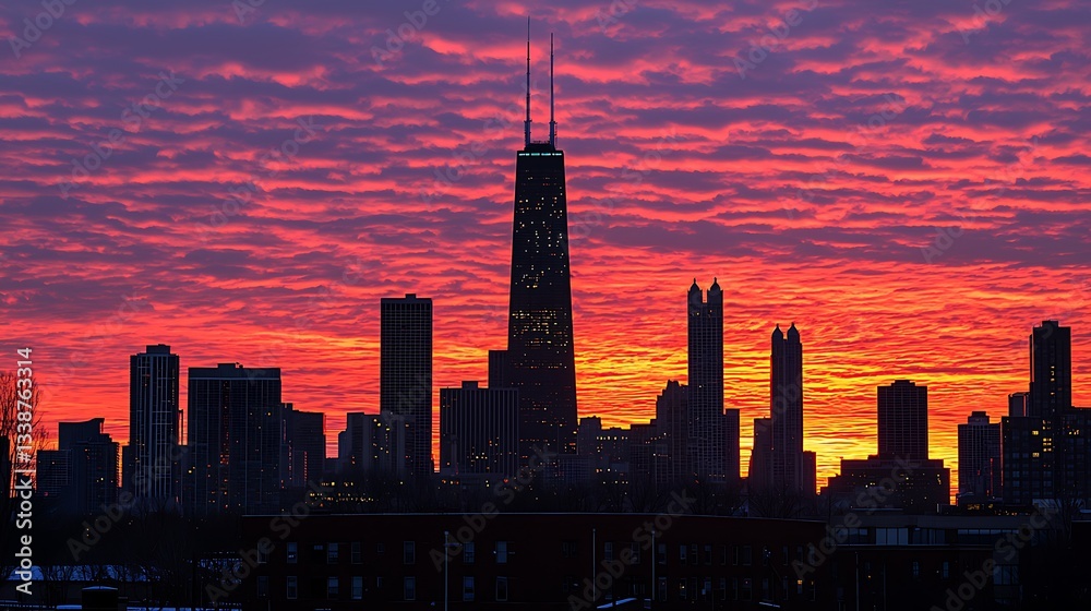 Obraz premium Chicago skyline at fiery sunset. Silhouette of city buildings against a vibrant, red-pink sunset sky