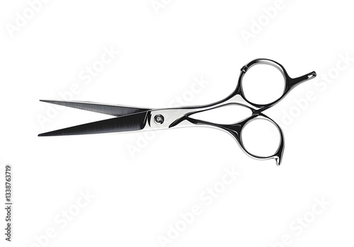 Modern and luxurious hair-cutting silver scissor isolated on cutout PNG or transparent background. Professional hairstyling tools. Advertising or product presentation
