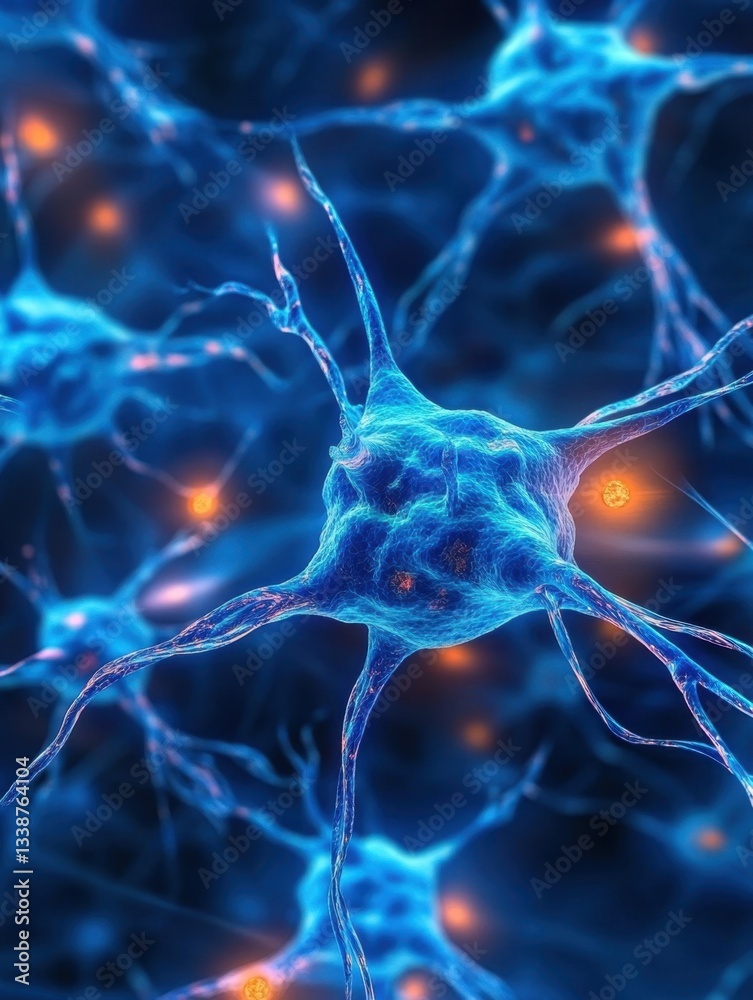 Obraz premium Intricate neuron network with glowing synapses against a dark backdrop creating a visual representation of brain activity and neural connections