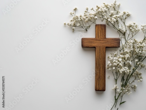 Wooden Christian Cross with Delicate White Flowers on a Clean White Background Symbolizing Faith and Hope in a Minimalist Style
