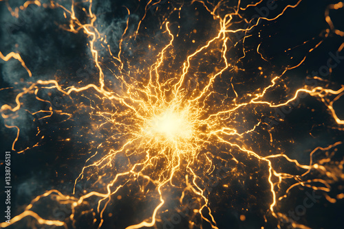 Intense depiction of electrical shock creating bright yellow with grey smoke billowing on black background. Crackling sparks in air radiating danger and energy. Themes of risk energy and power.