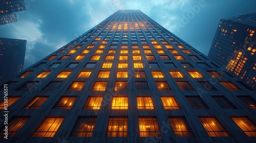Wallpaper Mural A tall modern skyscraper with illuminated windows against cloudy sky Torontodigital.ca