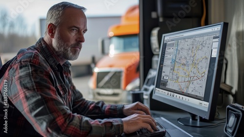 A fleet manager using a computer to monitor vehicle performance and location.