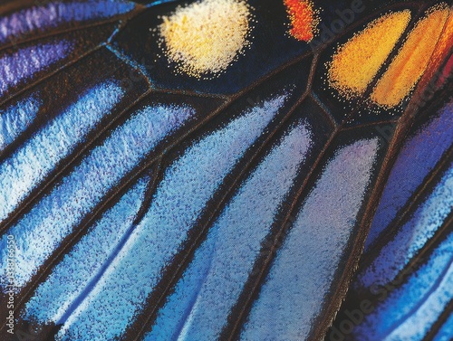 Closeup of a blue morpho butterfly wing tropical habitat macro photography natural beauty detailed view colorful patterns