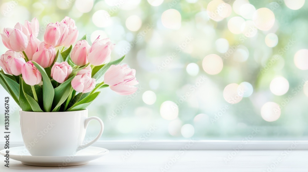 Obraz premium Soft Pink Tulips in a Cup: A delicate bouquet of soft pink tulips in a pristine cup, evoking feelings of freshness and serenity.