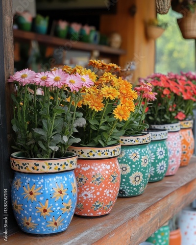Wallpaper Mural Row of Vibrant Daisy Flowers in Colorful Hand Painted Pots on Rustic Wooden Shelf in Natural Light Torontodigital.ca