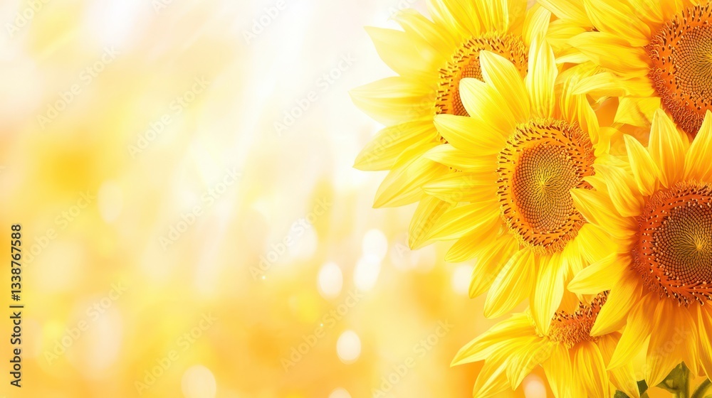 Obraz premium Golden Blooms: A radiant image of vibrant sunflowers basking in the warm glow of sunlight. Perfect for conveying feelings of joy, happiness, and the beauty of nature.