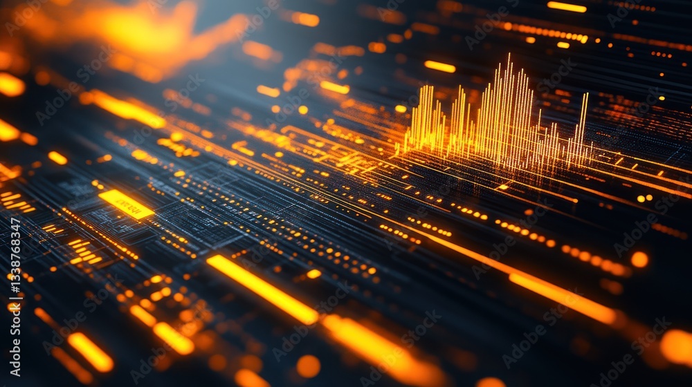 Fototapeta premium Abstract Digital Data Visualization: Glowing Orange Circuitry and Dynamic Graph