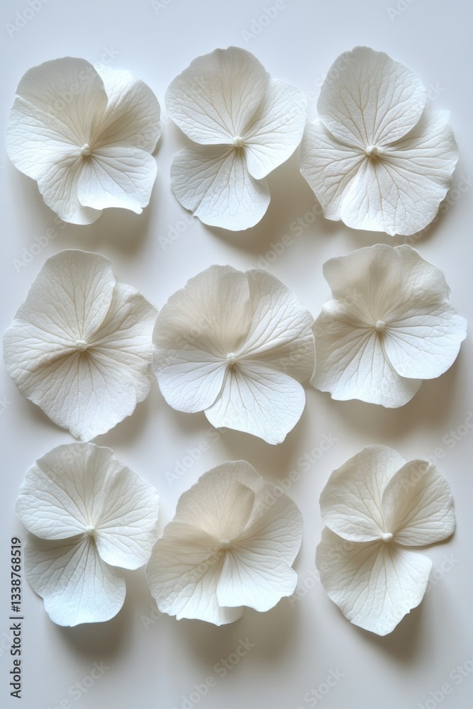 Fototapeta premium Elegant array of delicate white hydrangea petals on a serene background capturing purity and floral beauty in a minimalist style