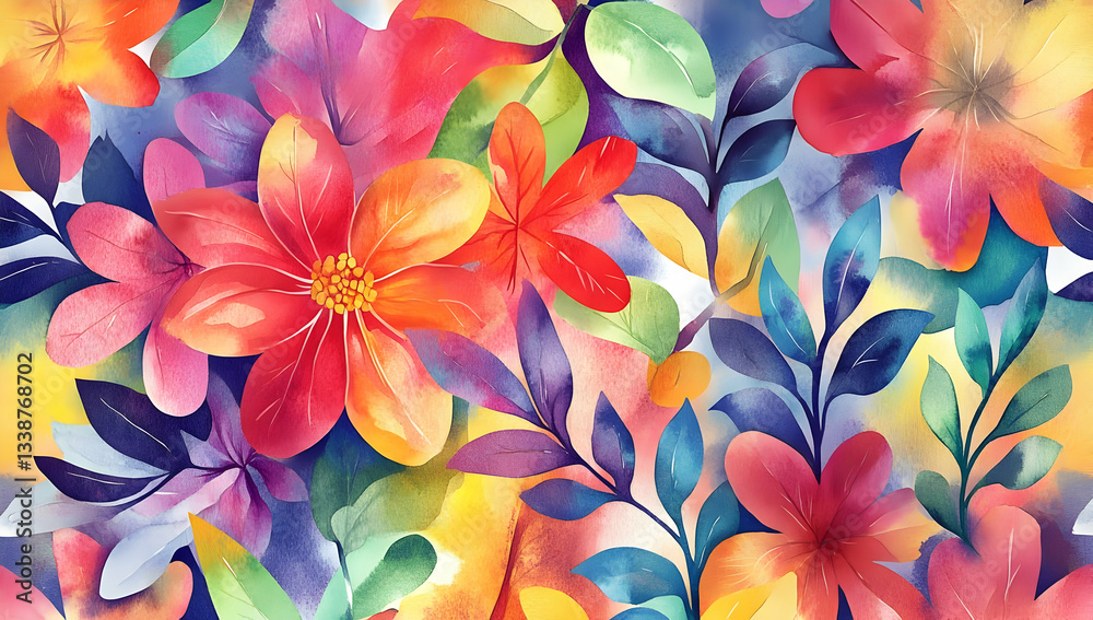 Fototapeta premium A vibrant watercolor background with abstract shapes and floral elements, creating an enchanting atmosphere for artistic expression.