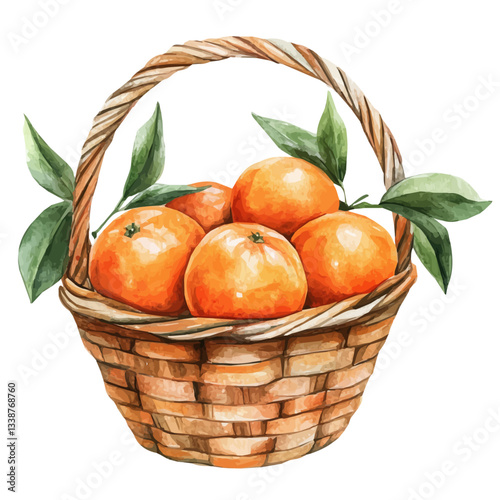 A watercolor vector painting of a tangerine basket, isolated on a white background.

