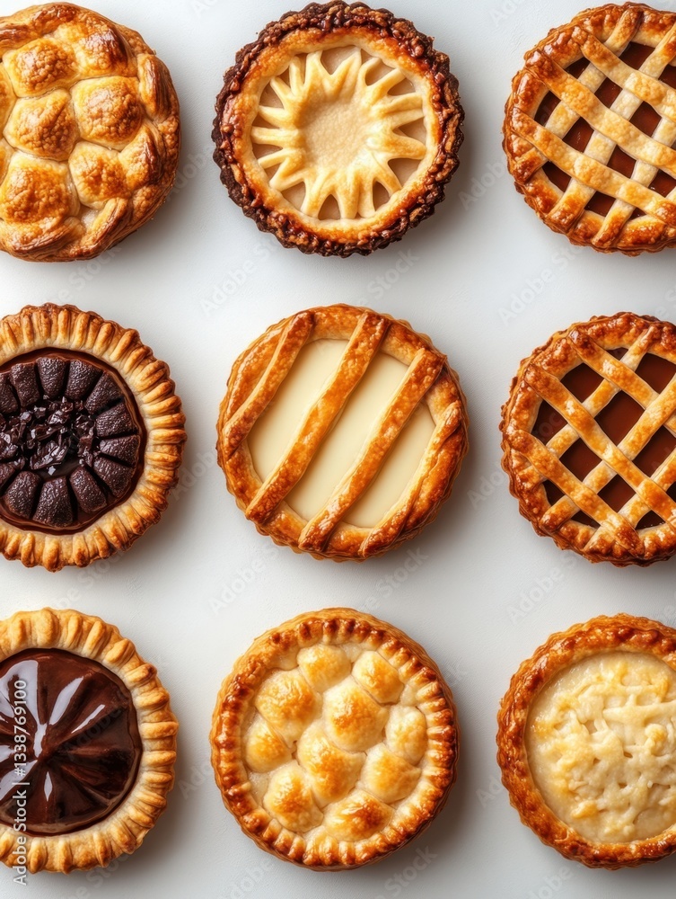Top down view of assorted mini pies with various fillings on a clean white surface studio shot Top down view of assorted mini pies with various fillings on a clean white surface studio shot