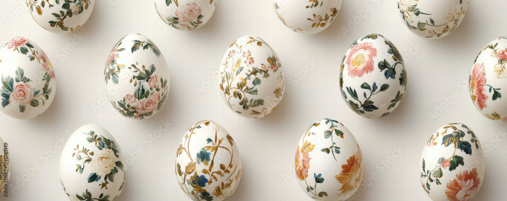 Decorative Easter eggs with floral patterns arranged on light background create charming and festive atmosphere Decorative Easter eggs with floral patterns arranged on light background create charming and festive atmosphere