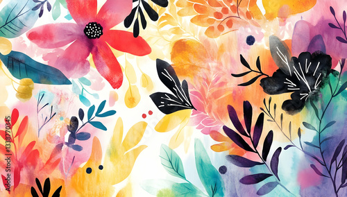 A vibrant watercolor background with abstract shapes and floral elements, creating an enchanting atmosphere for artistic expression.