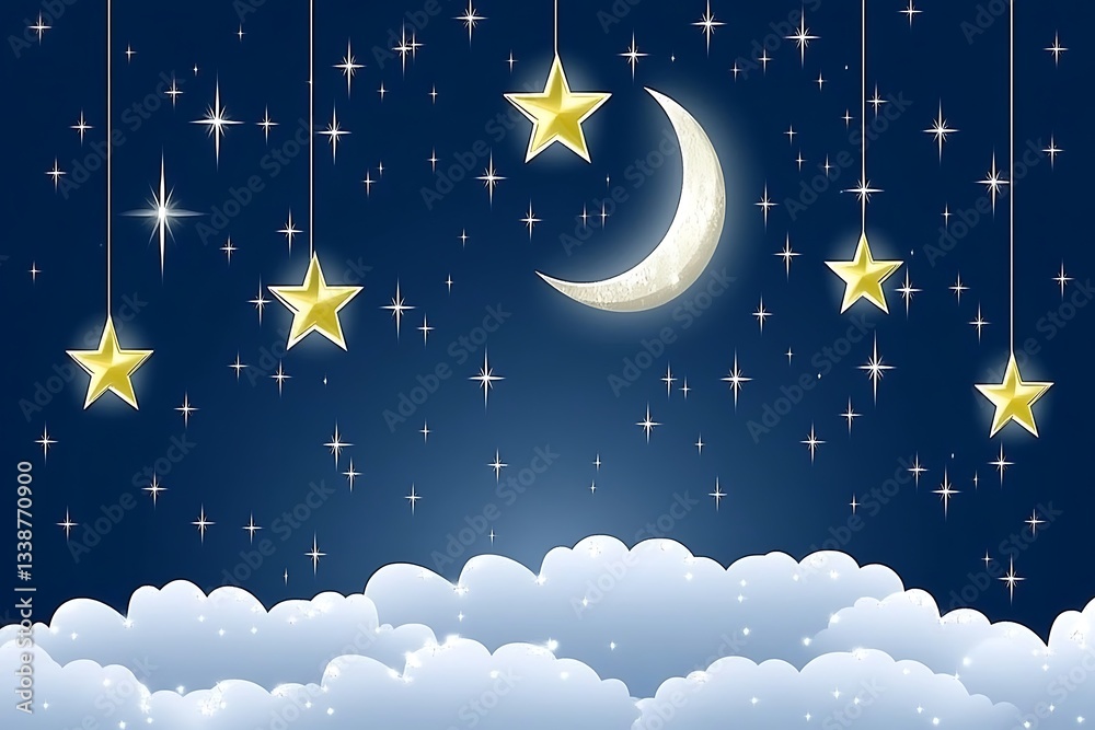 Naklejka premium Dreamy Nightscape with Crescent Moon, Sparkling Stars, and Fluffy Clouds Illustration