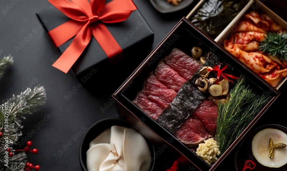 Fototapeta premium Festive holiday gift box with gourmet beef and Asian accompaniments.