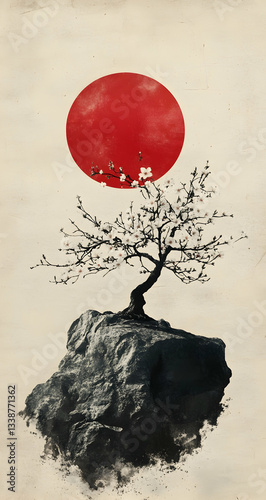 Minimalist illustration of a red sun, a black tree with white flowers on the rock in front of it, in the  of Japanese art, with a beige background, simple lines, and soft light and shadow